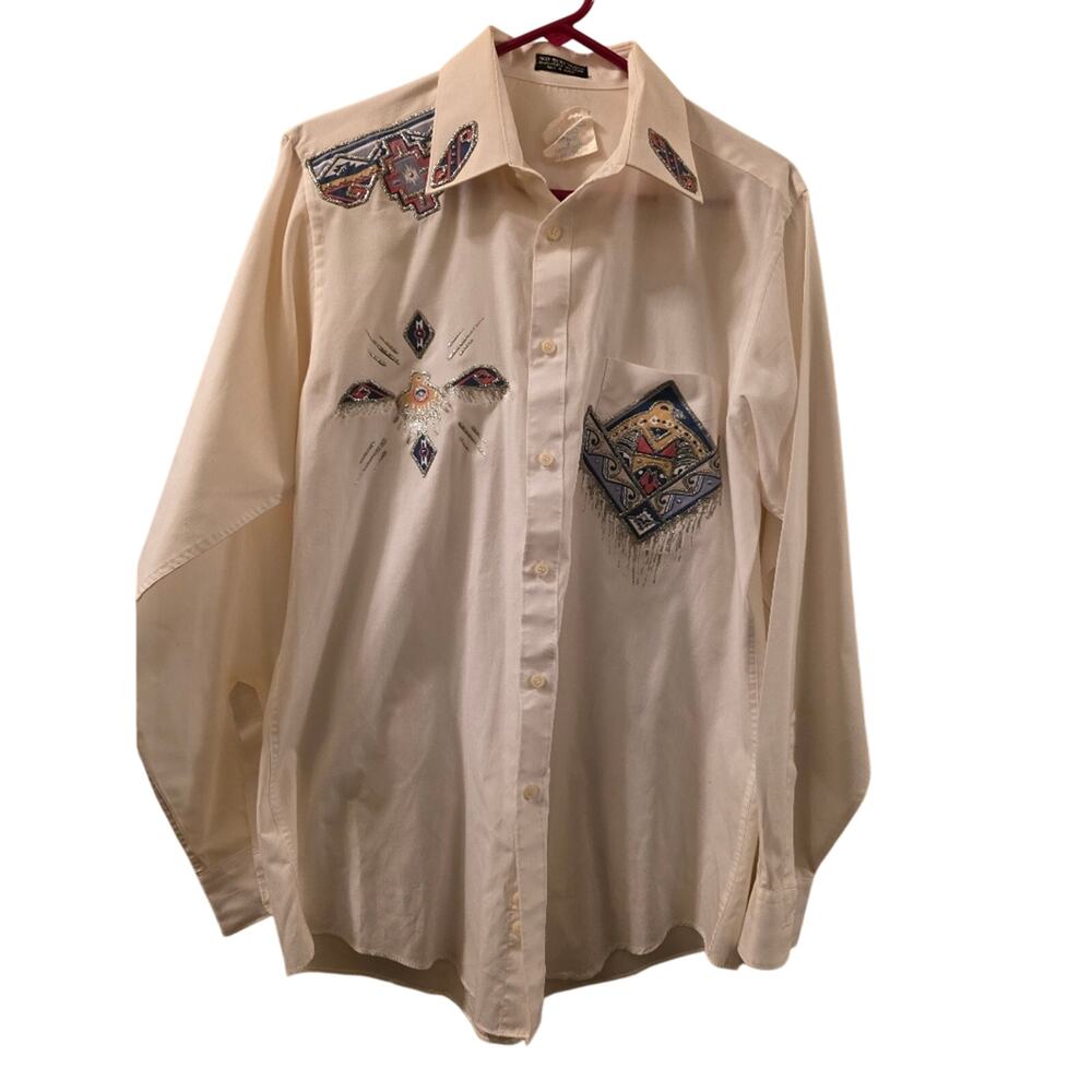 Vtg 70s Southwestern Indian Hand Painted Long Sleeve Shirt Native American L